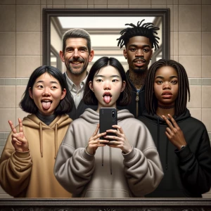 Three teenage girls are taking a mirror selfie in a bathroom. On...