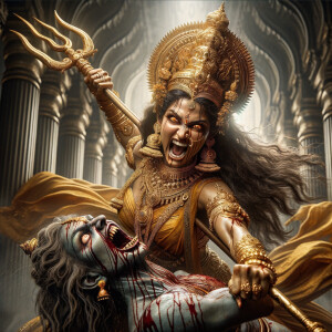 portrait of angry looking, indian goddess lunging at a weak mahi...