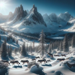 snowy mountain and packs of wolf