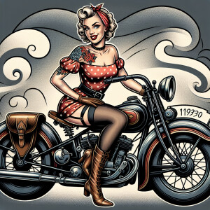 Pin up girl on an old motorcycle in an new school tattoo style