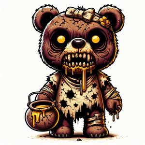 disney-esque zombified winnie the pooh with weathered leathery e...