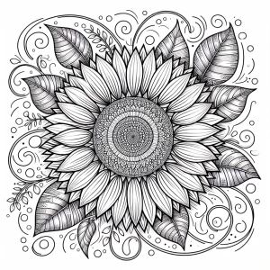 Create a coloring page design featuring a large sunflower, suita...
