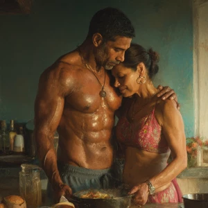 Realism photo painting.a muscular sweaty indian man standing b...