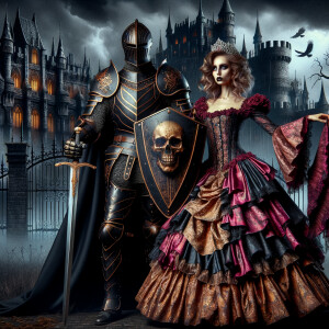 Black knight and a queen wearing burgundy,gold and pink dress in front of a undead castle