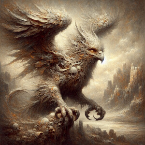 A hauntingly majestic griffin, its once gleaming feathers now ta...
