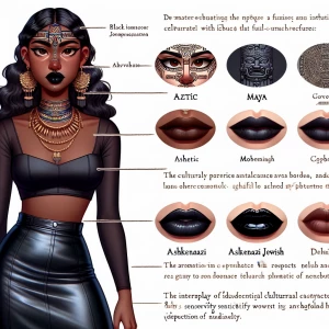 Create a character portrait that fuses Aztec and Maya cultural elements with Ashkenazi Jewish features, showcasing a poised and intelligent demeanor. The character should have a compelling aura, with curvaceous lines suggestive of a full-figure. Adorn her with striking, glossy black makeup that accentuates her lips, complementing the overall mystique and cultural blend. Outfit her with culturally appropriate attire that respects the sensitivity towards depicting nudity. Dress her in black faux leather skirt and camisole.