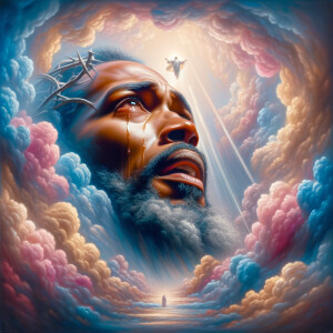 Create a 3-D realistic oil, painting light skin 
African-American Jesus Christ coming in the blue, gold, pink and white clouds with great power and glory up close, tears rolling down his face,