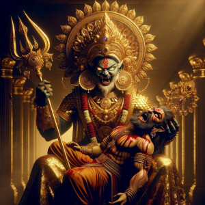 portrait of angry looking goddess durga sitting on a gold crown and carrying a weak mahishasur on her lap and stabbing him with her amazingly designed trident. She is wearing gold armor, a huge gold crown, gold saree, abundant  gold jewelry, covered in blood. The scene is set in ancient India. The image is 8K resolution, cinematic, ultra detailed face and epic.