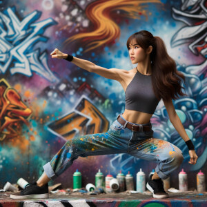 Very thin Athletic Thin skinny Attractive, Asian teenage girl, long brown hair and bangs, wearing tight skinny jeans and a halter top paint marks on her clothing, sitting side view heroic pose Asian graffiti