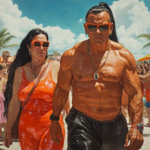 realism art style,a muscular beefy sweaty man walking  with his...