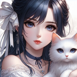 Realistic anime woman with dark blue hair and dark brown eyes. S...