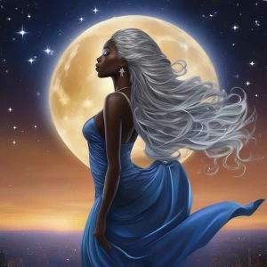 A ethereally luminous moon Goddess, her Nigerian color and figure outlined against the backdrop of a star-studded night sky. This breathtaking portrait photograph captures her graceful silhouette in profile, with flowing silver hair cascading down her back. The celestial body's serene expression exudes wisdom and power, while her eyes seem to hold secrets of the universe. The image is expertly composed, with a soft, celestial glow that highlights her otherworldly beauty. Truly a masterpiece of celestial photography. In the half earth and half metallic world of this alternate dimension, known as Xironia, the sky is a dazzling display of dual suns, casting a mesmerizing glow upon the landscape of gleaming silver and shimmering gold. The inhabitants of Xironia have adapted to the vibrant hues of the twin suns, their metallic bodies reflecting and refracting the intense light in a symphony of colors. As the two suns move gracefully across the sky, their light dances upon the intricate architecture of the cities, turning them into radiant beacons of technology and innovation. Life on Xironia revolves around the dual suns, their presence shaping the very essence of this exotic world and fueling the fires of creativity and ambition in its denizens. Explore the wonders of Xironia, where the brilliance of two suns illuminates a landscape of mystery and marvels beyond imagination.