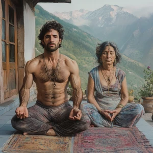 Photorealism,realism,A man muscular beefy sweaty doinga yoga sit...