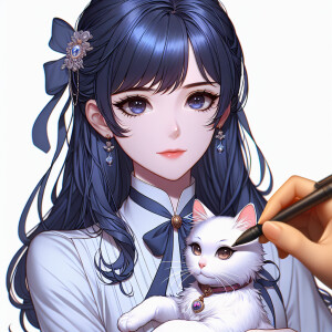 Realistic anime woman with dark blue hair and dark brown eyes. S...