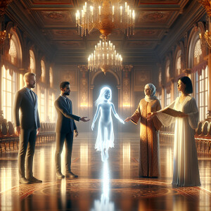 Four people are standing in a hall with chandeliers. One of them...