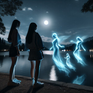 Two girls are standing by the lake at night and souls are flying...