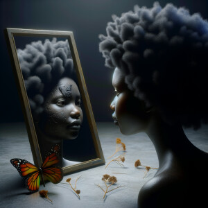 Create a 3-D realistic beautiful African-American  women with thick curly black hair
Looking at herself in the mirror, but the reflection she sees is a child, and she is no longer beautiful. She is ugly with scars. There is a fallen butterfly.