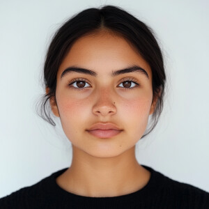 A 19-year-old Mexican woman with a clean face, looking straight...