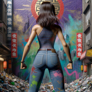 Athletic Thin skinny Attractive, Asian teenage girl, long brown hair and bangs, wearing tight skinny jeans and a halter top paint marks on her clothing, heroic pose Asian graffiti background, backside view