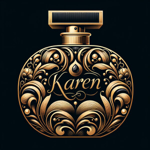 Design, a black and gold perfume bottle in the shape of a woman’s body with flowers and the name Karen