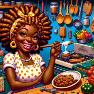In a classic cartoon style, a young light skin Afrocentric cheer...