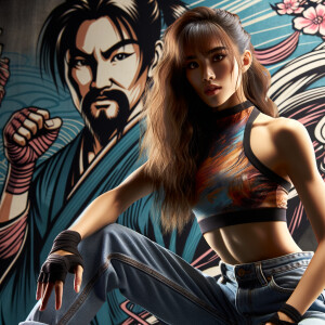 Very thin Athletic Thin skinny Attractive, Asian teenage girl, long brown hair and bangs, wearing tight skinny jeans and a halter top paint marks on her clothing, sitting side view heroic pose Asian graffiti