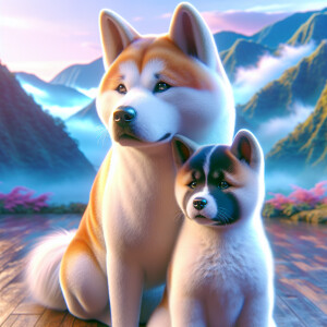 A Female Akita with her puppy next to her 3D Photolistic realist...