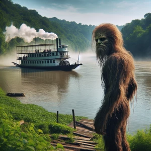 Ohio river steamboat scene from the 1800s with humanoid looking...