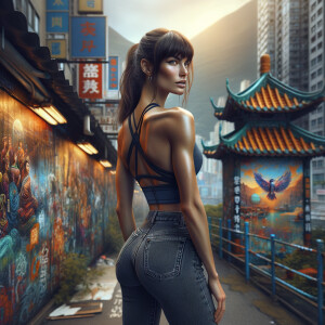 Athletic Thin skinny Attractive, Asian teenage girl, long brown hair and bangs, wearing tight skinny jeans and a halter top paint marks on her clothing, heroic pose Asian graffiti background, backside view