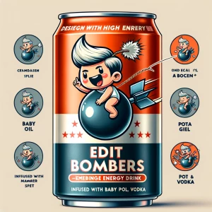 Design an energy drink can called‘ Edit Bombers’ with  cute cart...