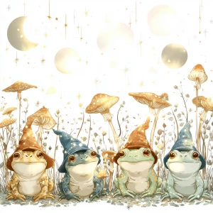 /imagine prompt: five wise cartoon frogs in wizard hats sitting...