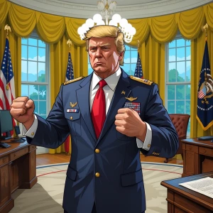 Trump dressed as general,,Dominating a fist fight in the oval of...