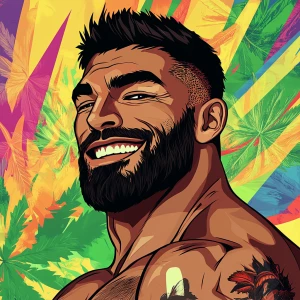 White muscular thin man with beard, big chin, smile and cheekbon...