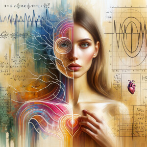 Abstract, minimalist, painting, with pencil line, paint stroke, gestures, colorful marks, mathematical equations, electrical cardiogram, printouts complex math formulas, dna asian teen girl