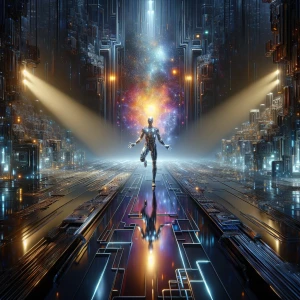 In a mesmerizing display of neon-lit holographic extravagance, a charismatic figure dances on stage surrounded by a symphony of digital visuals. This vivid scene is captured in a hyper-realistic acrylic painting, with each pixel-painted detail exuding an otherworldly glow. The performer's sleek, metallic suit reflects the pulsating lights, while their electrifying movements seem to defy gravity. The overall image is a masterful blend of futuristic technology and artistic skill, immersing viewers in a virtual concert experience like no other.