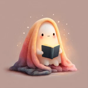a cute ghost reading a book under a blanket, cozy soft lighting,...