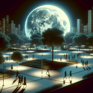 The moon over New York park. Couples walking down the sidewalk