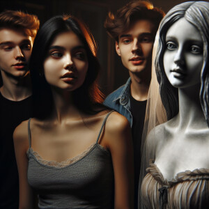 Two girls and two guys are standing in a dark room and talking t...