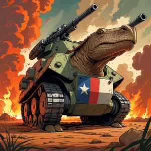 Action-packed illustration of a heavily armored armadillo with g...