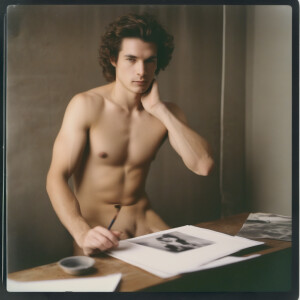 Polaroid photo of a naked man posing for an art class for figure...