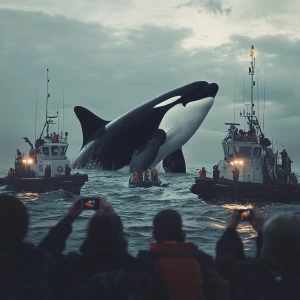 A realistic cinematic scene of a giant orca whale being seen fro...