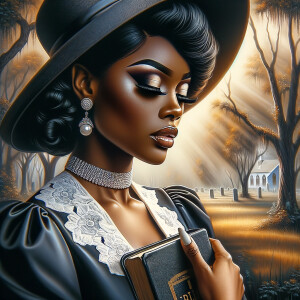 Render an airbrush oil painting of an African American woman with flawless makeup in a
contemplative pose, holding a Bible close to her heart, dressed in an elegant Sunday Best
outfit with a distinctive Church Hat. The background features a peaceful church garden,
with light filtering through the trees, highlighting her spiritual connection and the personal
moment of reflection. The artwork should capture the tranquility of the scene, the beauty
of her attire, and the depth of her contemplation, reflecting a serene and spiritually