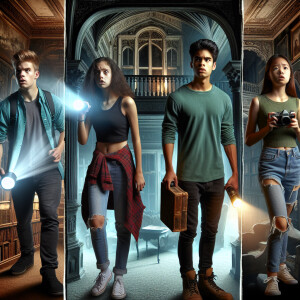 Four teenagers are in a dark scary mansion.