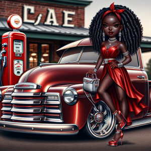 Airbrush style: Standing next to a 1950 Red Chevy truck silver r...