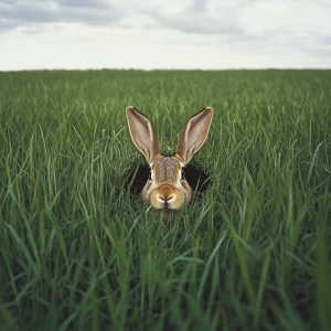 A grassy field with a rabbit hole and only the ears protruding o...