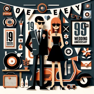 ‘Happy 19th Anniversary!’ Written
A 60s mod vibe with a tan male...
