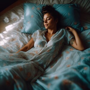 Full body shot from above of a Beautiful woman waking up laying...