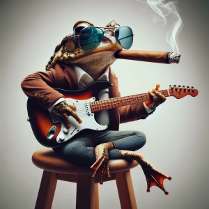 A toad wearing sunglasses and sitting on a stool, expertly playi...