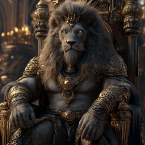 Create a photorealistic 3D image of a majestic man-lion hybrid, featuring an expansive mane and exceptionally well-defined, oversized muscles. Adorn this regal creature with intricate jewelry and gold embellishments, and depict it seated on a throne. Aim for 8K UHD resolution, extreme professional detail, and a composition that is both visually stunning and captivating.