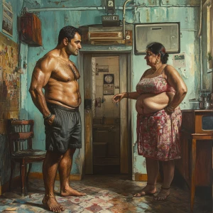 Hyperrealistic painting,A muscular sweaty man talking to his 54...